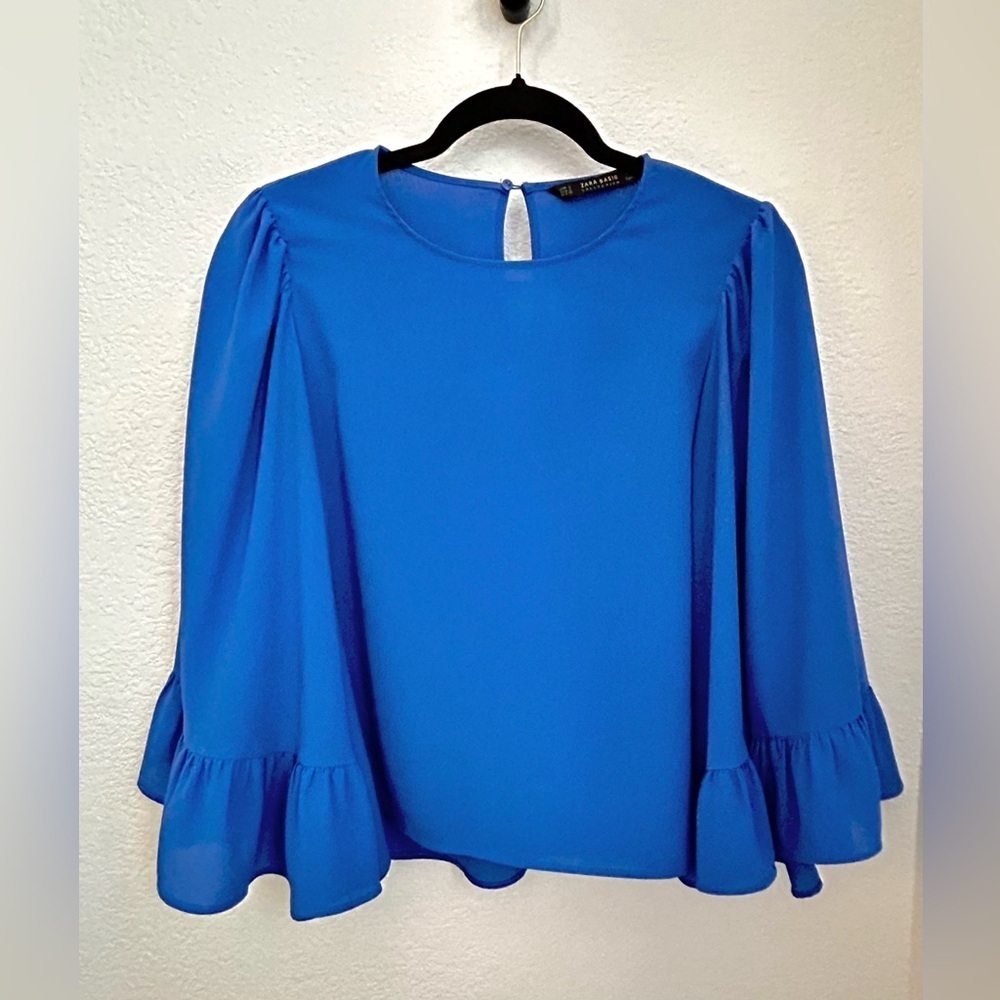 Zara Cobalt Blue Ruffle Bell Sleeve Blouse | Flowy Round Neck Top Lightweight - Picture 4 of 10